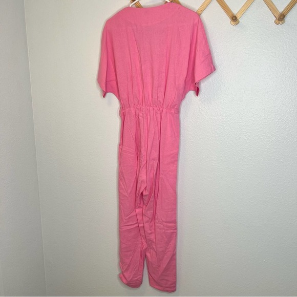 SWF Revolve Pink Linen Blend Button Front Short Sleeve Jumpsuit - Picture 4 of 8